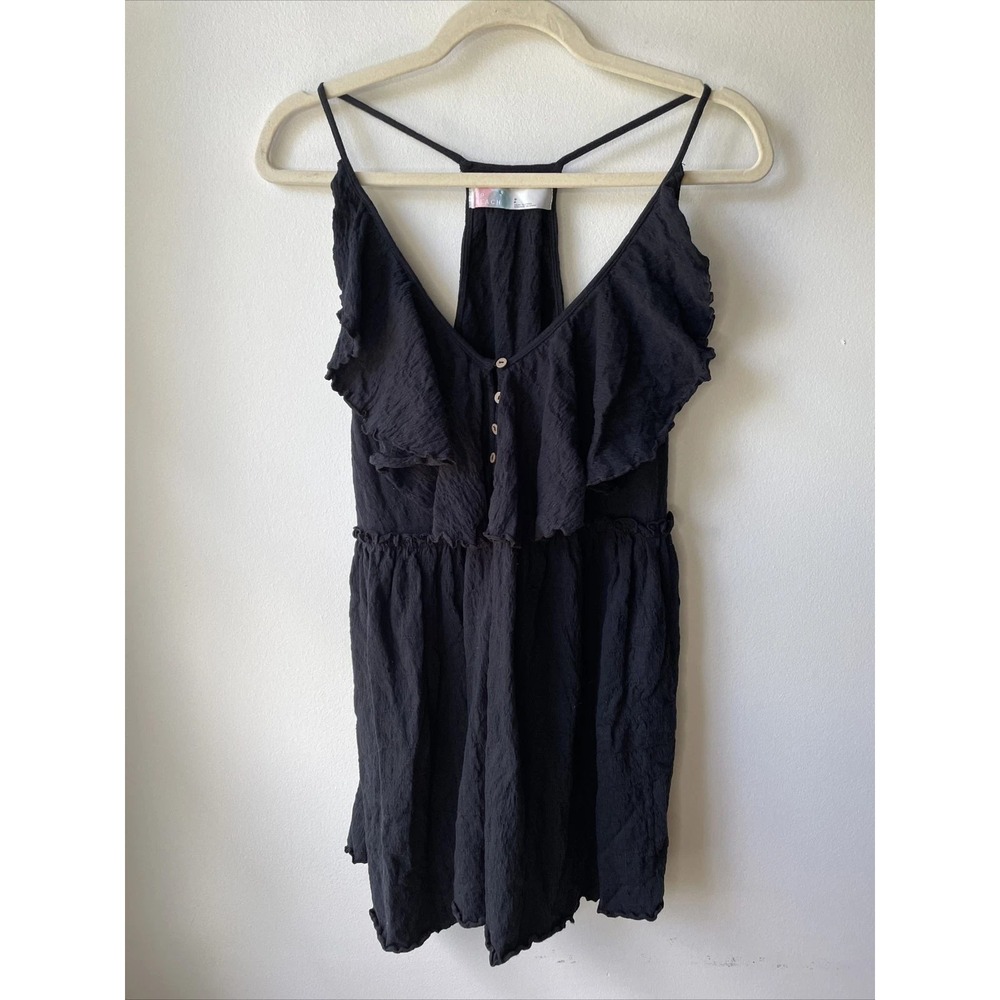 Free People Beach Mini Dress Womens Small Black Ruffle Cotton Guaze Boho Coastal